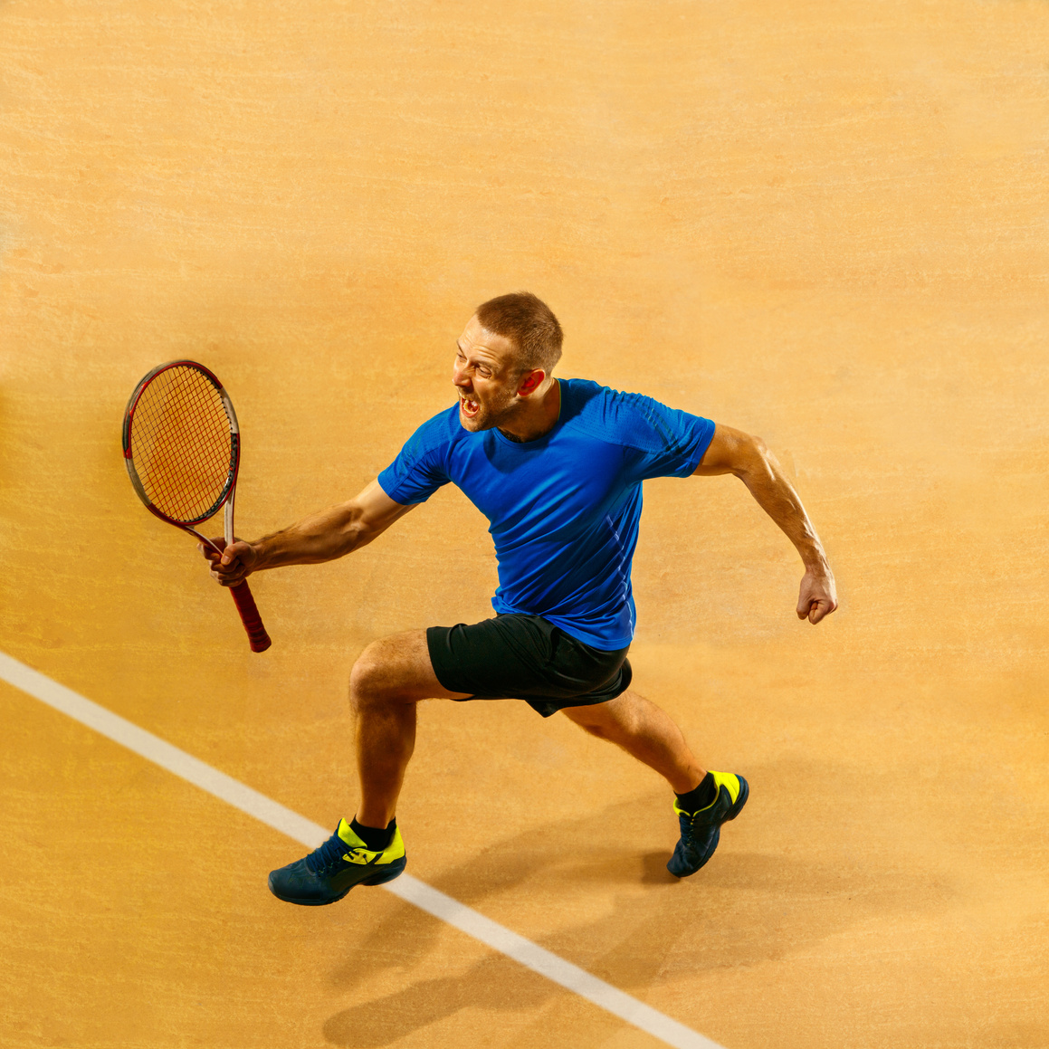 A male tennis player celebrating his win. Find your tennis, pickleball, and sports friends on buddypassgo.com! 